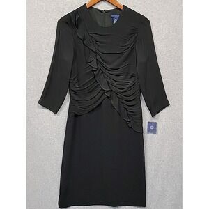 NEW DONCASTER Collection Womens Sz 6 Silk Lined Black Ruffle Ruched Midi Dress‎